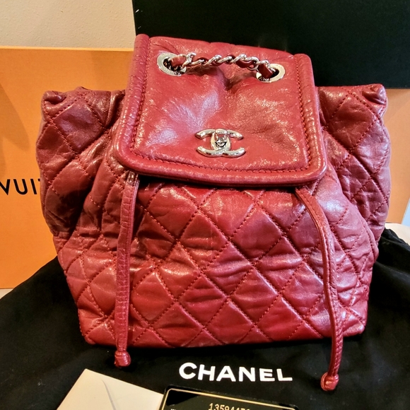 CHANEL Dark Red Quilted Lambskin Leather Backpack Bag - Picture 1 of 16